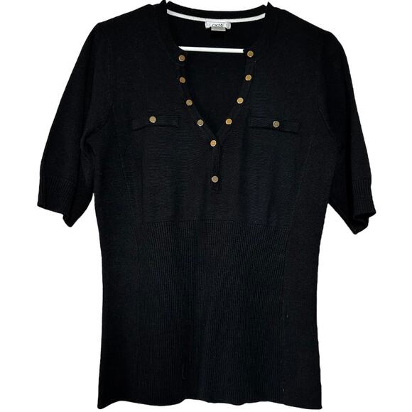 Cache Blouse Top Knitted Deep V-Neck Short Sleeve Button Embellished Black Large - Picture 1 of 4